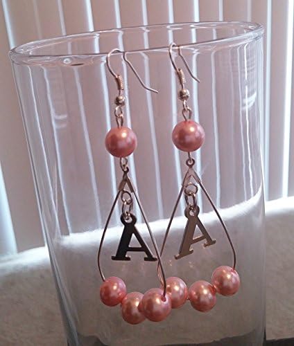 Brand New KayJee's Chandelier initial Earrings (pink) + organza bag, Teen jewelry, women jewelry, Loop earrings, Pink Jewelry, Pearl earrings, sliver plated, Perfect gift for everyone