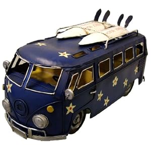 VW Camper Van tin model blue with two tri fin Surfboards on the roof rack - SAS735