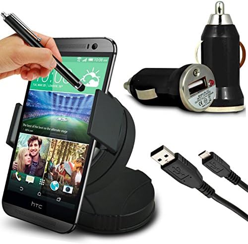 Fone-Case HTC One M8S Case Brand New Luxury - CAR DRIVERS SUPER SAVER ESSENTIALS ACCESSORY PACK - Unisuction 360 In-Car Windscreen Suction Car Mount Holder, Black High Capacitive Touch screen Stylus Pen, Black In Car Bullet USB Charger Adaptor, Black Micro USB Data Cable