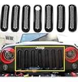 Sunluway&reg; Black Front Grill Mesh Grille Insert with Key hole Fit Mopar hood lock For Jeep Wrangler Jk Rubicon Sahara & Unlimited 2007-2015 7PC