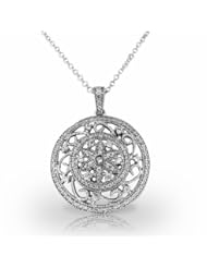 14KT White Gold Gorgeous Round Diamond Fashion Pendant with Flower and Scroll detailing. 3/4 CTW