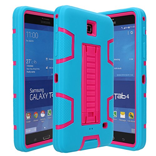 Galaxy Tab 4 7.0 Case, E LV High Impact Resistant Full-body Protection Hybrid Armor Defender Case Convertible Built in Stand for Samsung Galaxy Tab 4 7 with 1 Black Stylus - TURQUOISE / HOT PINK
