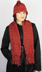 Handmade Soft Acrylic Scarf and Hat Set - Winter Fiesta in Red (One-of-a-kind)