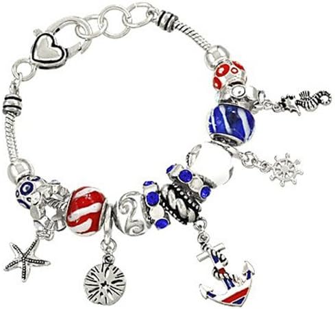Chunky Red White Blue & Silvertone Nautical Anchor Helm Sea Starfish Murano Glass Crystal Charm Bracelet
