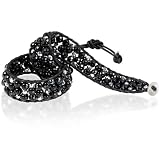 Sterling Silver Onyx and Silver Crystal Beads with Black Leather Single-Wrap Choker Necklace