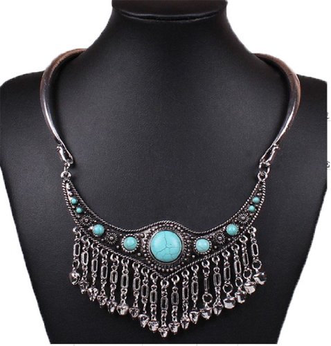 Qiyun (TM) Chunky Tribal Tibet Silver Turquoise Blue Bead Dangle Tassel Bib Choker Necklace