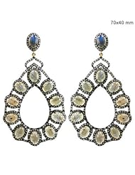 Couturechics 14k Gold and 925 Sterling Silver 30.75 Ct Labradorite Natural Diamond Pave Designer Dangle Gemstone Earrings Handmade Vintage Jewelry
