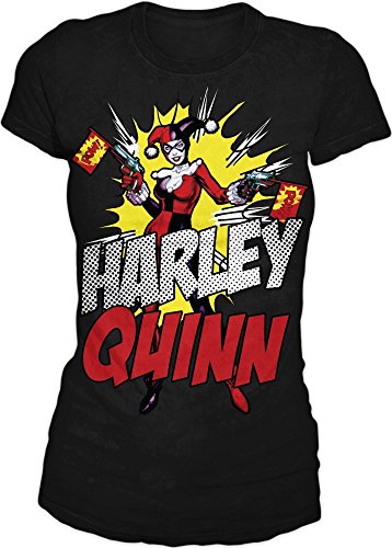 Harley Quinn Guns Blazing POW! Juniors Black T-shirt