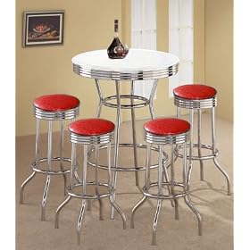 4 Red Glitter Vinyl Barstools and White Table Set by The Furniture Cove