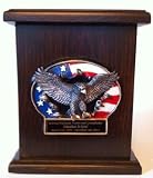 AMERICAN FLAG AND EAGLE CREMATION URN W/ENGRAVING, ADULT WOOD, WOODEN URN