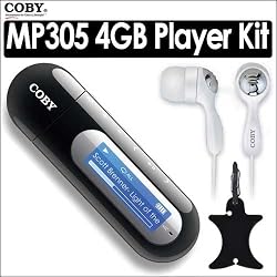 Coby MP305-4GB USB Stick MP3 Player With LCD and FM Kit With Coby CVE92 Super Bass Digital Sound Earphones