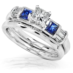 3/4 Carat Blue Sapphire & Diamond Wedding Rings Set in 14k White Gold - Size 6.5