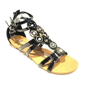 KCMODE Womens Black Patent Circle Diamante Summer Gladiator Sandals Shoes