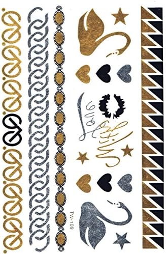 Flash Tattoos -10 High Quality Sheets of Metallic Gold, Silver, Black Jewelry Multi-color Temporary Flash Tattoos for Women & Girls - Over 100+ Metallic Tattoos - Fully Waterproof Removable Bling Tattoo All in One Package.