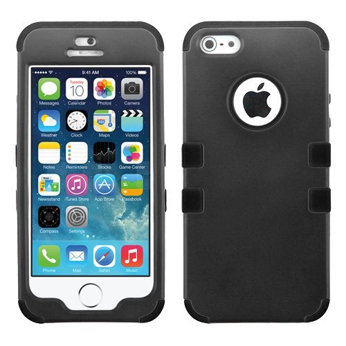 iPhone 5S Case, iPhone 5 Case Case Loca Hybrid Impact Shockproof Cover Hard Armor Shell and Soft Silicone Skin Layer With Stylus Pen (Black + Black)