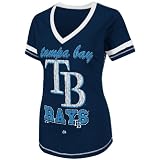 MLB Women's Tampa Bay Rays Bling Beauty Short Sleeve V-Neck Boyfriend Tee (Athletic Navy Heather/White, Medium)
