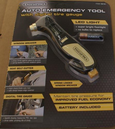DuraPRO Auto Emergency Tool with Digital Tire Gauge - LED light - Back Lit - Seatbelt Cutter - Window Breaker Batteries included by DupraPRO
