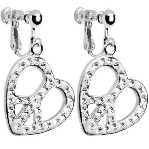 Austrian Crystal Heart Peace Sign Clip On Earrings