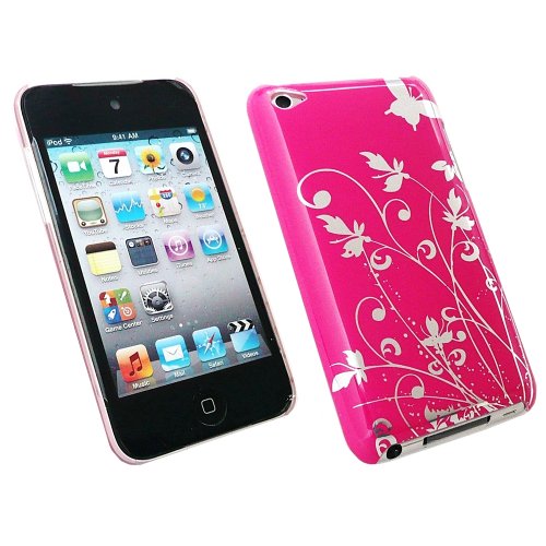 APPLE IPOD TOUCH 4 (4TH GENERATION) PINK WITH SILVER FLOWERS SUPER SLIM CLIP ON PROTECTION CASE/COVER/SKIN BY KIT ME OUT UK