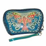 Designer Genuine Leather Wristlet Purse, Blue Base with Butterfly and Flower Pattern