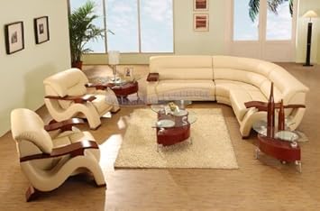 Modern Furniture Beige Leather Mini-Sectional Sofa with Two Chairs Coffee Table and Two End Tables