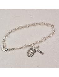 Sterling Silver 5 1/2" Long Crystal Baby Bracelet, Infant Jewlery, Girls Rosary Bracelet, April Birthstone. Crucifix Cross & Miraculous (St. Mary) Charms