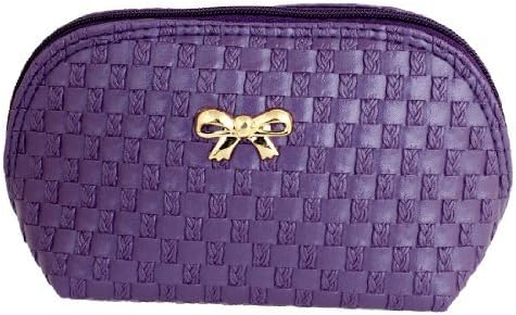 FOREVER YUNG Woman Bowknot Decor Front Check Pattern Zipper Makeup Purse Purple