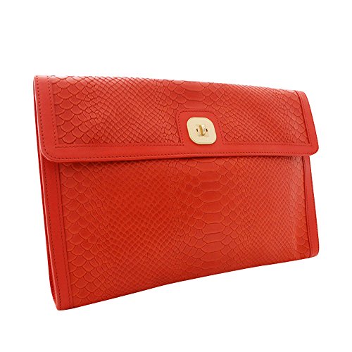 (ロンシャン) LONGCHAMP リザード調 型押しレザー クラッチバッグ パーティバッグ オレンジ 朱色 ゴールド金具 レディース バッグ 中古 画像