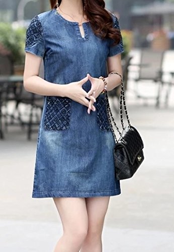 Sta.ANA(サンタ・アナ） 嬉しい大き目サイズ デニム ポケット 袖 刺繍 ワンピース インディゴ ブルー 全2サイズ