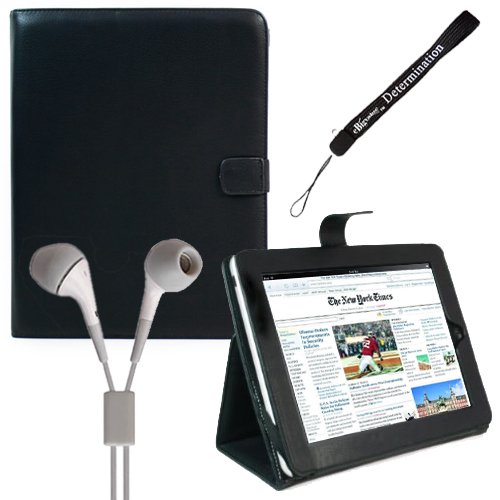 Proffesional Office Portfolio with Horizontal stand, Melrose Leather Horizontal Flip iPad Case for the Apple iPad Wifi / 3G Model 16GB, 32GB, 64GB with Extra Pocket for Miscellaneous Accessories + Includes a eBigValue (TM) Determination Hand Strap Key Chain + Hi-Fi Noise - Reducing Ear Buds Earphones for iPad 3.5 mm Jack