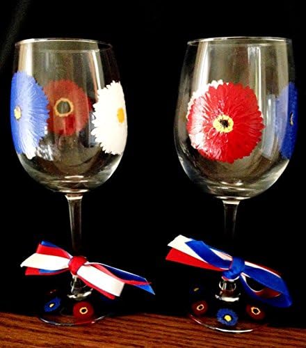 Hand Painted Patriotic Red, White and Blue Daisies (set of 2-12oz)with Option to Purchase Matching Carafe (not included in basic set)