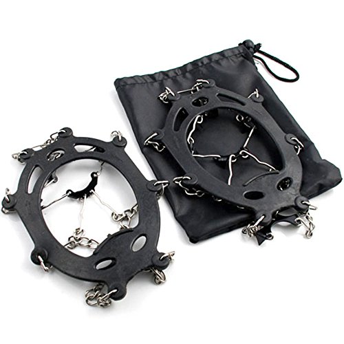 2x Black No Silp Ice Cleat Shoe Boot Tread Grips Traction Crampon Chain Winter Sport Snow w/ Pouch Carabiner