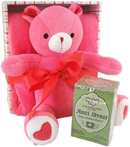 Take Care Sick Day Teddy Bear Blanket Bundle - Two items: Pink Bear and Plush Blanket with Herbal Ayurvedic Tea (Anti Stress)