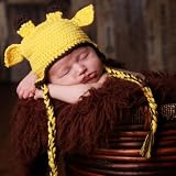 Melondipity Boys Yellow Giraffe Animal Crochet Beanie Baby Hat - Knit with Ear Flaps and Braids (3-6 months)