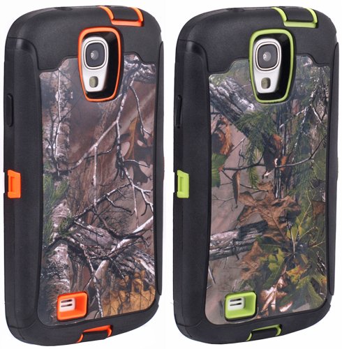 Pack of 2 Huaxia Datacom Body Armor Realtree Camo Defender Case w/ Built-in Screen Protector For Samsung Galaxy S4 SIV (not for S4 Active) - Green Camo Forest and Orange Camo Tree