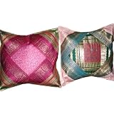 2 Green Pink Vintage Silk Sari Toss Pillow Cushion Coversby Mogulinterior