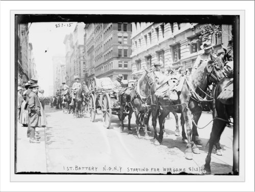 Newswire Photo (L): 1st Battery, in carts and on horse-back, starting for war game, New York