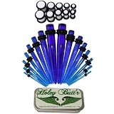 16pc Blue Acrylic Ear Taper Stretching Kit 14g-0g & 10pc White Acrylic Double O-ring Plugs 8g-0g w/ Holey Butt'r Ear Stretching Balm Expander Set