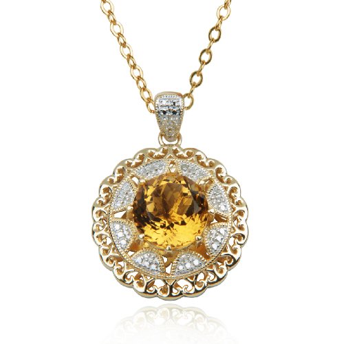 18k Yellow Gold Overlay Sterling Silver Citrine 12mm & Diamond Pendant, 18