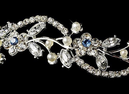 Silver-Tone Blue Rhinestone Crystal Floral Bridal Wedding Tiara Headband