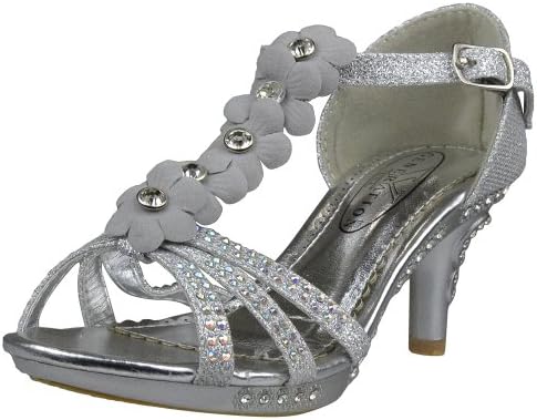 Kids Dress Sandals T-Strap Rhinestone Flower Glit High Heel Shoes Silver SZ 1