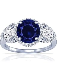 14K White Gold Round Cut Blue Sapphire Ring With Sidestones
