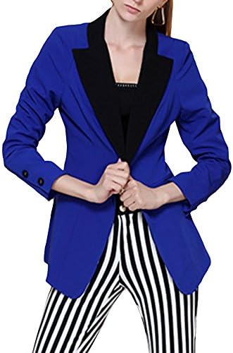 Idlis Women's Chic V-neck One-button Slim Woolen Contract Color Blazer XL Blue