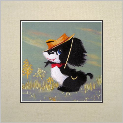 Susho, King Silk Art 100% Handmade Suzhou Silk Embroidery - Jaunty Puppy - White Mat, No Frame 34184W