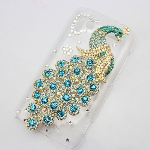 bling 3D clear case light blue peacock diamond rhinestone hard back cover for htc sensation 4g g14