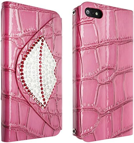 niceeshop(TM) Hot Pink Bling Lip Crocodile Print Foldable Stand Synthetic Leather Case Cover With Chain for iPhone 5 5S With Screen Protector