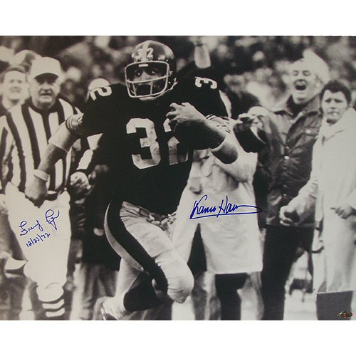 Steiner Sports NFL Pittsburgh Steelers Franco Harris/Frenchy Fuqua Dual Signed Immaculate Reception with Date Inscription Horizontal B&W 16x20 Photograph
