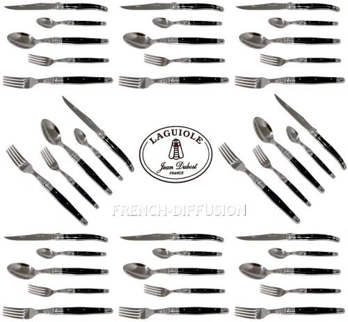 Laguiole Dubost - Complete 40 Pcs Flatware Set - Black Color - In Heavier 25/10 Stainless Steel (Official French Laguiole Cutlery Setting for 8 People - Direct From France)