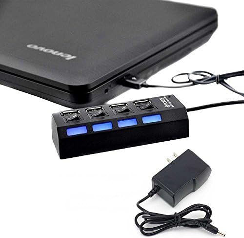 Tiwkich High Speed 4 Port USB 2.0 Hub with Individual Power on/off Switches and LEDs indicator lights + 5V/2A Power Adapter--Black