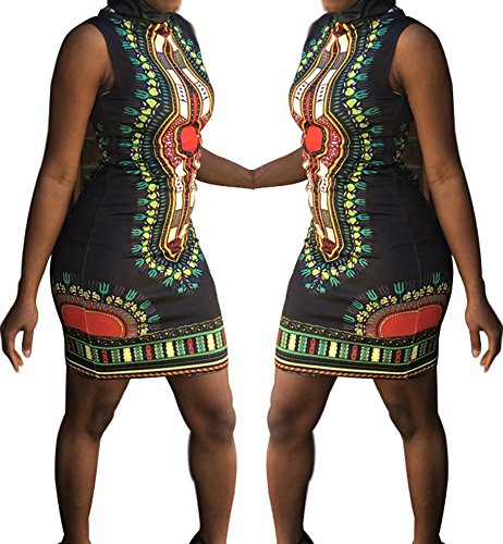 shekiss Women Traditional African Print Dashiki Bodycon sleeveless High Collar Dress